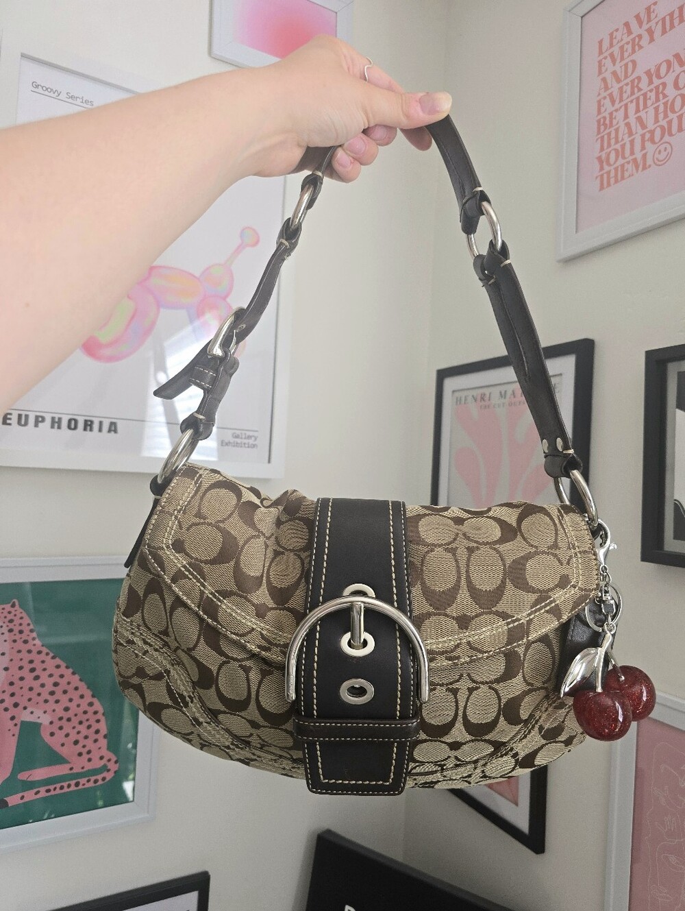 Authentic Coach Y2K Soho Khaki Jacquard And Brown Leather Purse W/Cherry Charm